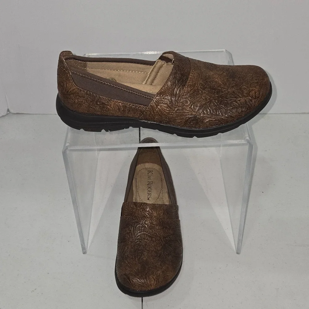 Kim Rogers Elmay Brown Tooled Embossed Loafers Slip On Shoes Womens 6M AC636